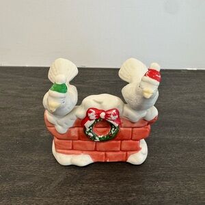 Festive Ceramic Birds on Brick Chimney candle holder- Red & White